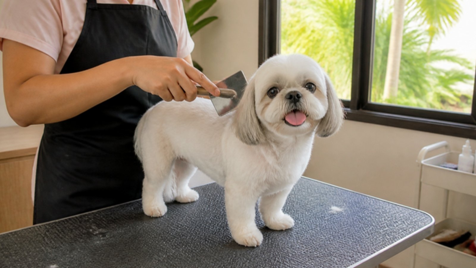 A groomer brushing a freshly bathed white Shih Tzu on a grooming table