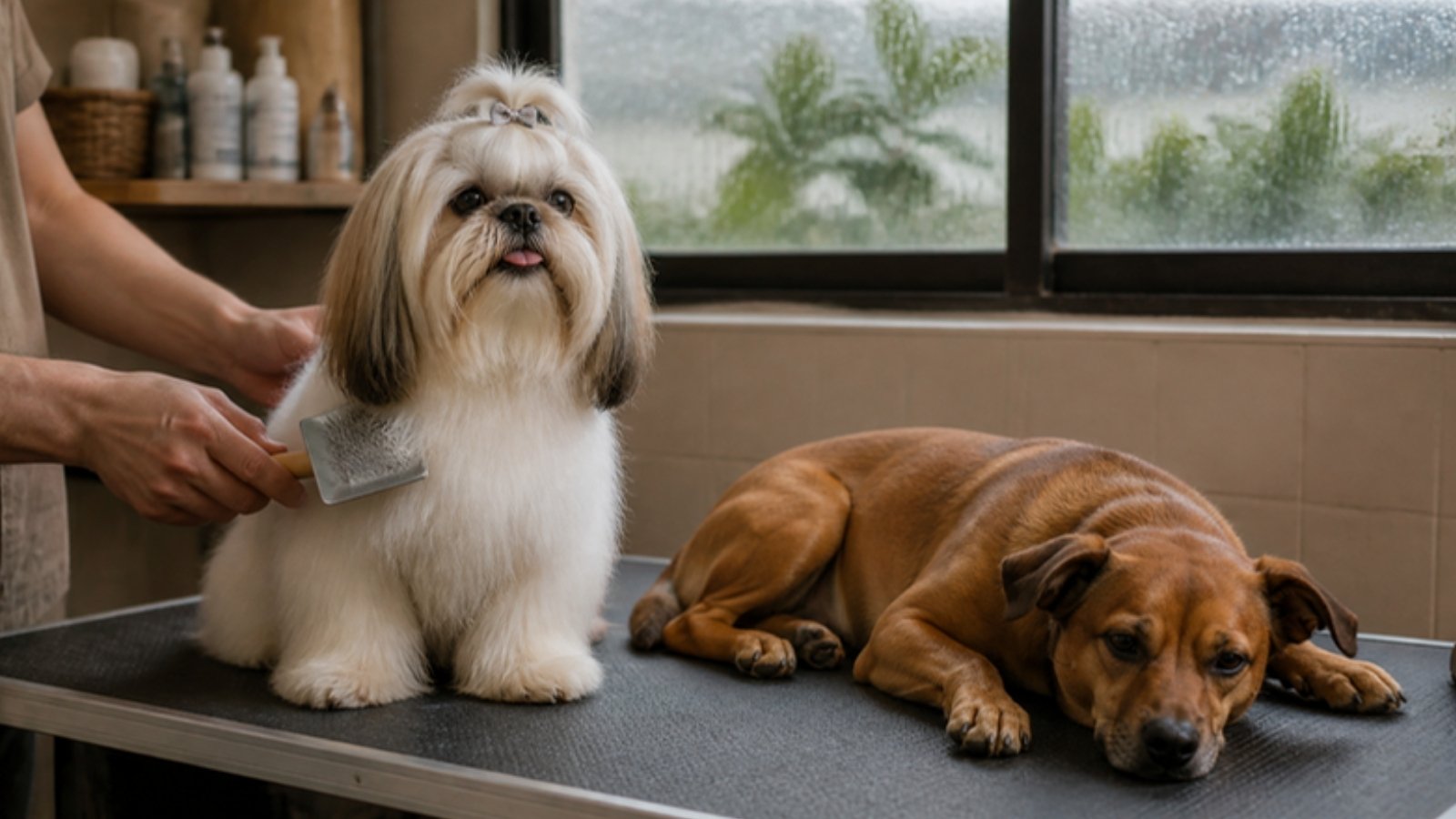 A groomer's hands brushing a fluffy Shih Tzu on a grooming table, with a short-haired brown Aspin resting beside it and a rainy window behind.